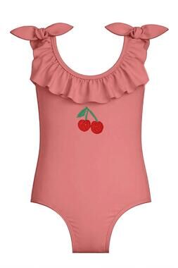 NEW SUBMARINE kids' shoulder bow ruffle neckline swimsuit in cherry